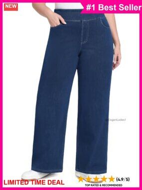 Plus Size Wide Leg Pull On Jeans High Waist Stretch Denim Pants